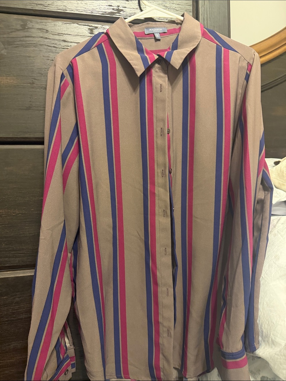 Madison Tan Button-Down Shirt with Pink & Blue Stripes